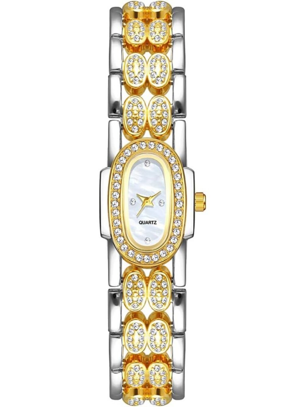 Women's Two Tone White Luxury Vintage Rhinestone Bracelet Oval Quartz Wristwatch - Picture 3 of 6